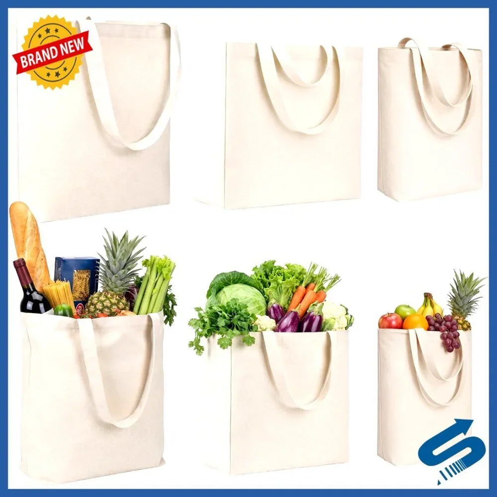 Heavy Duty Canvas Tote Bags Set Reusable Foldable Washable Grocery Storage